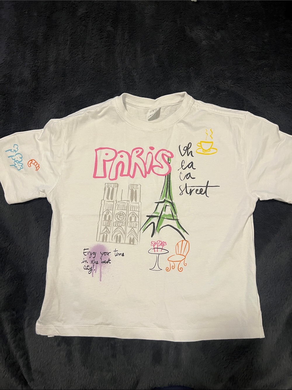 Zara White Paris Graphic Tee with Pink & Green Accents